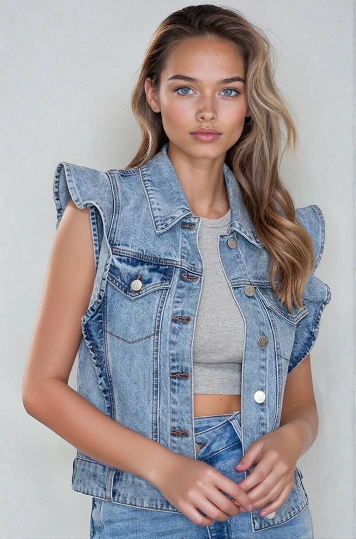 Light denim Victorian charm ruffle-trim sleeveless vest jacket from Fitkitty Culture, featuring ruffle details and a stylish layered look.