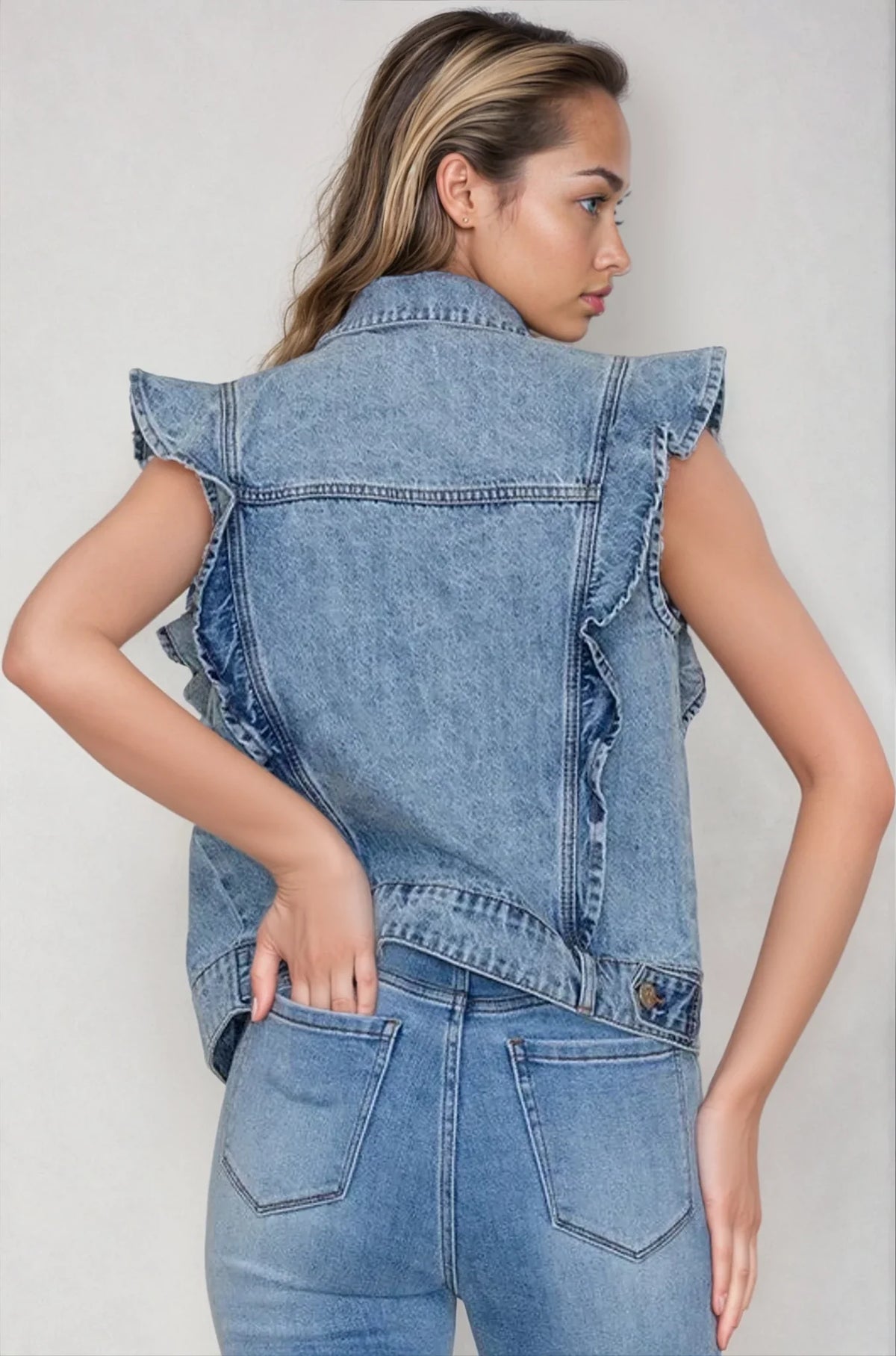 Light denim Victorian charm ruffle-trim sleeveless vest jacket by Fitkitty Culture, featuring a statement layered design for women.