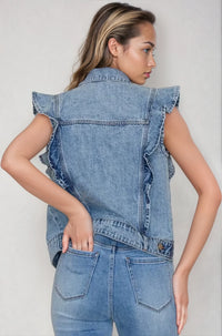 Light denim Victorian charm ruffle-trim sleeveless vest jacket by Fitkitty Culture, featuring a statement layered design for women.
