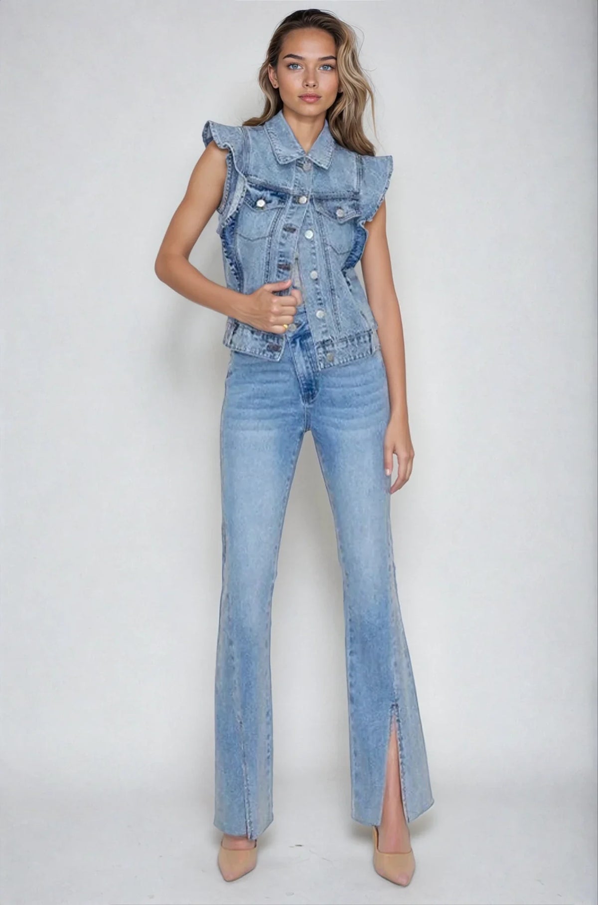 Light denim Victorian charm ruffle-trim sleeveless vest jacket from Fitkitty Culture, stylish layered women's clothing.