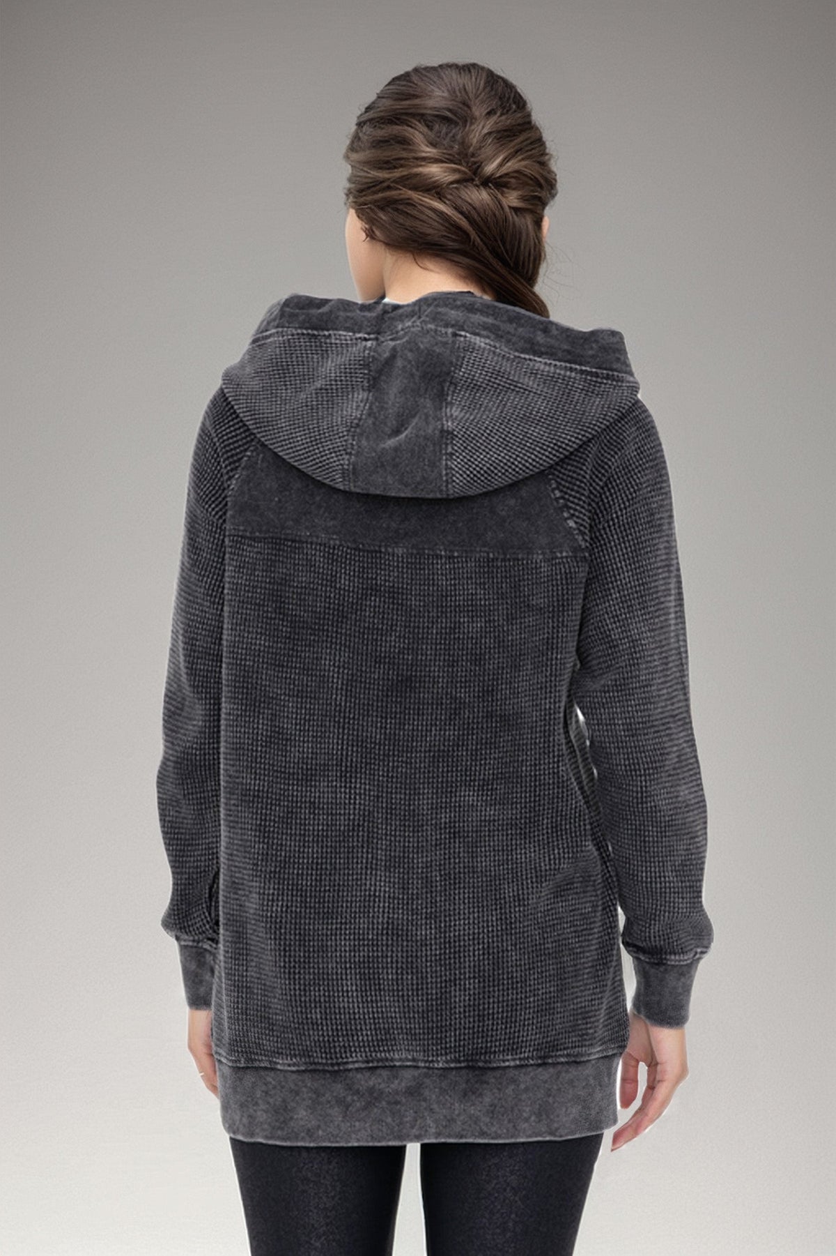 Light gray oversized waffle knit zip-up hoodie from Fitkitty Culture Athleisure Wear, featuring a cozy, relaxed fit for women's casual wear.