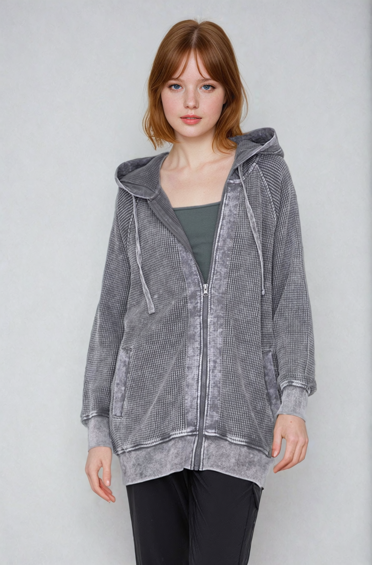 Light gray oversized waffle knit zip-up hoodie by Fitkitty Culture Athleisure Wear, featuring a casual, comfortable design for women.