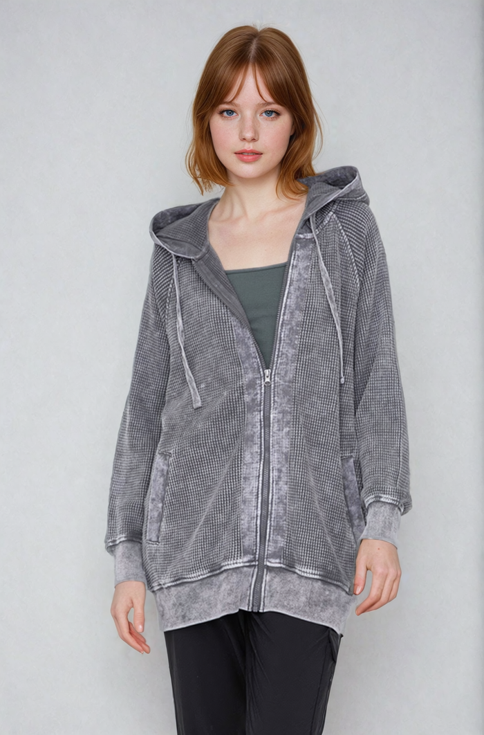 Light gray oversized waffle knit zip-up hoodie by Fitkitty Culture Athleisure Wear, featuring a casual, comfortable design for women.