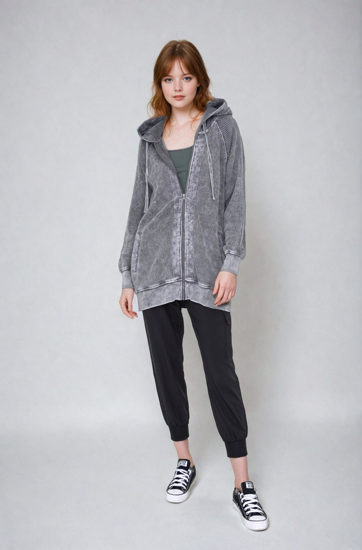 Light gray oversized waffle knit zip-up hoodie from Fitkitty Culture Athleisure Wear, women's casual and yoga clothing.