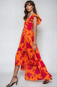 Vibrant fire floral high low maxi dress with flowing fabric, perfect for summer, from Fitkitty Culture women's clothing collection.