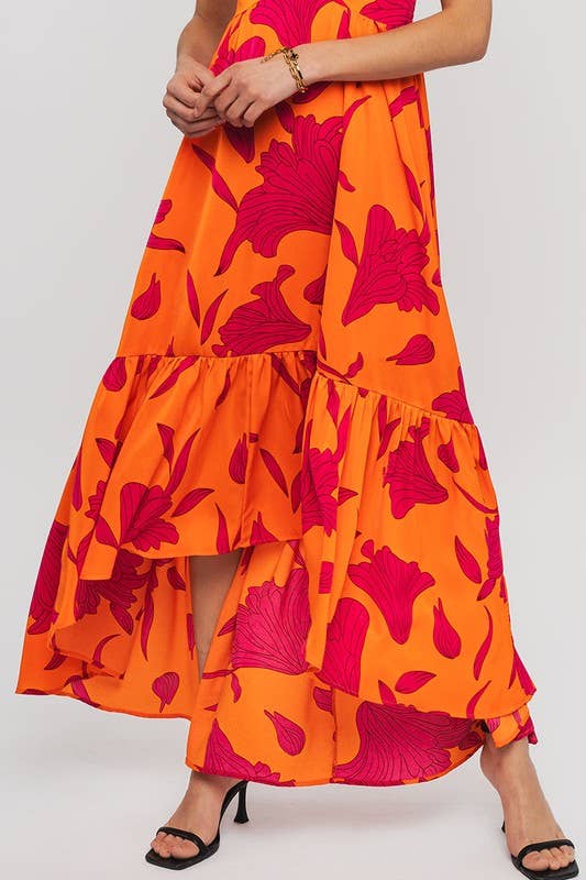 Vibrant Fire Floral high-low maxi dress by Fitkitty Culture featuring bold floral patterns and flowing fabric for women's clothing.