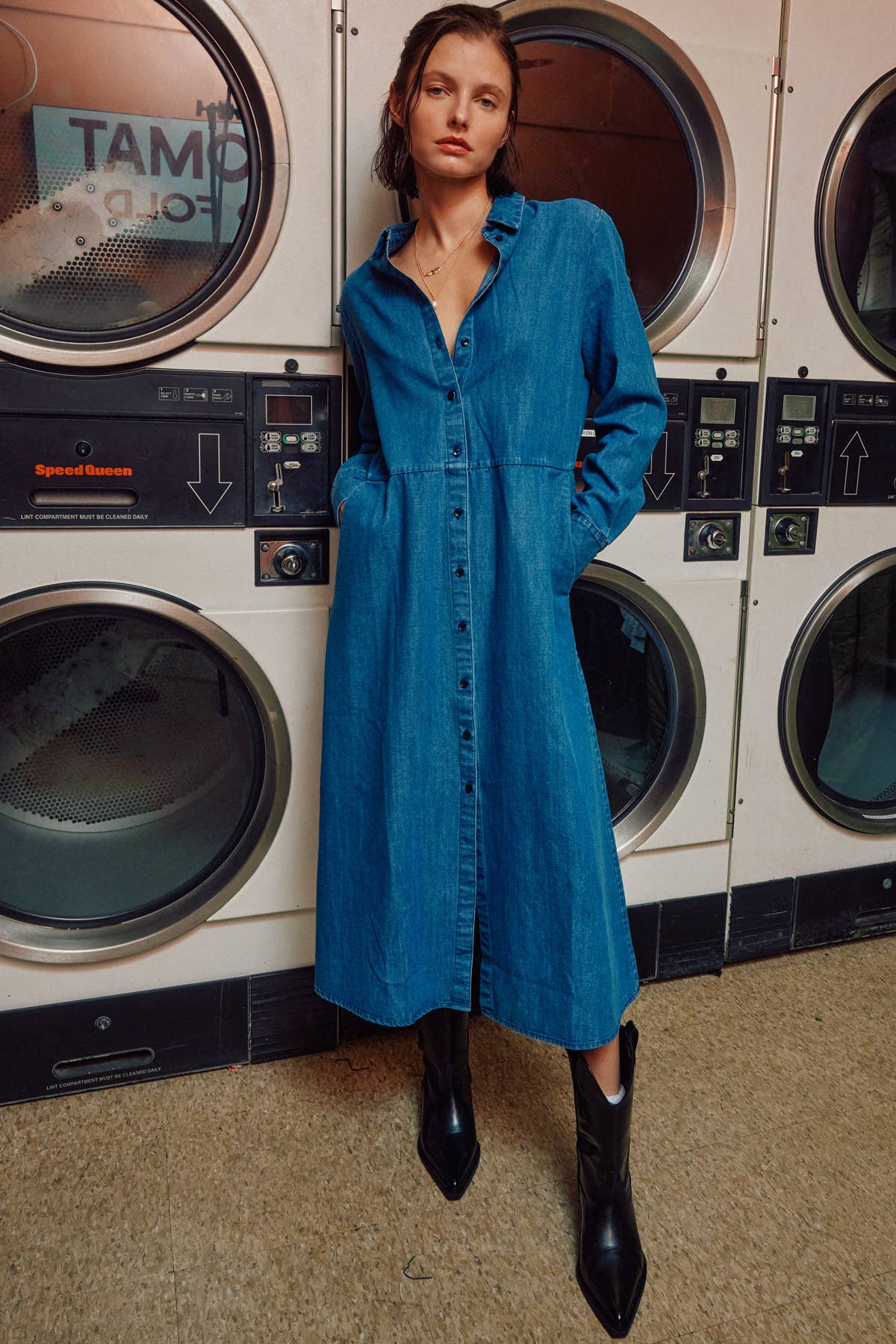 Fitkitty Culture denim shirt dress with long sleeves, button closure, and a casual, stylish fit, perfect for everyday wear.