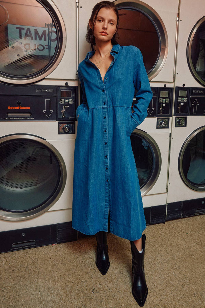 Fitkitty Culture denim shirt dress with long sleeves, button closure, and a casual, stylish fit, perfect for everyday wear.
