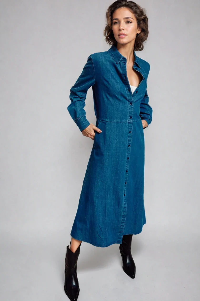 Fitkitty Culture denim shirt dress called The Sunday Stroll, featuring a casual button-up design and relaxed fit.