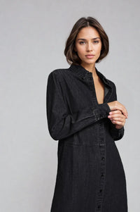 Fitkitty Culture denim shirt dress from The Sunday Stroll collection, featuring classic button-up style, collar, and rolled-up sleeves.