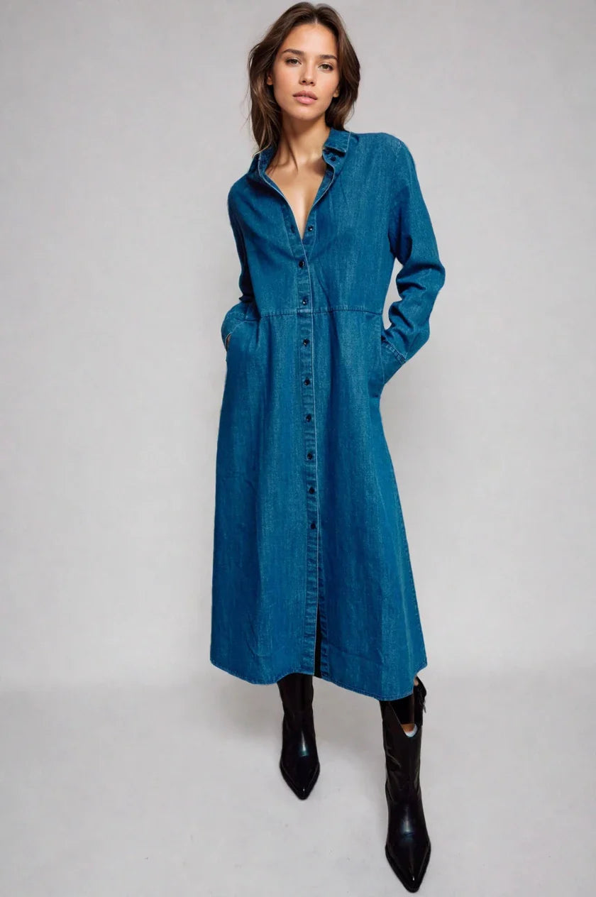 Fitkitty Culture Sunday Stroll denim shirt dress, casual women's clothing with long sleeves and button front, perfect for everyday wear.
