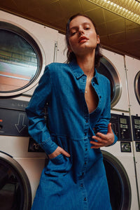 Denim shirt dress from Fitkitty Culture Athleisure Wear, featuring a casual, long-sleeve design with a collar and button front.