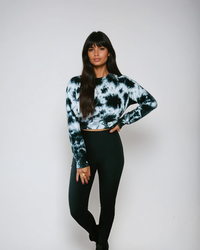 Midnight velvet tie-dye crop pullover by Fitkitty Culture, women's athleisure clothing with long sleeves and relaxed fit.