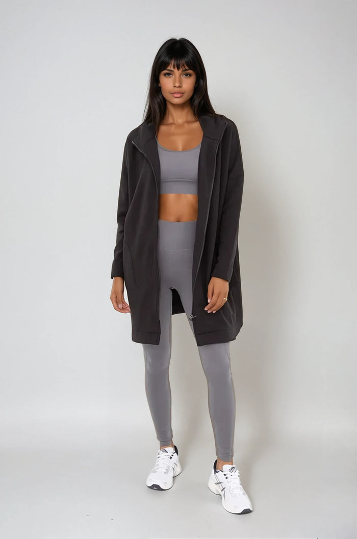 Black Cozy Comfort zip-up hoodie jacket by Fitkitty Culture, women's athleisure wear with a relaxed, comfortable fit.