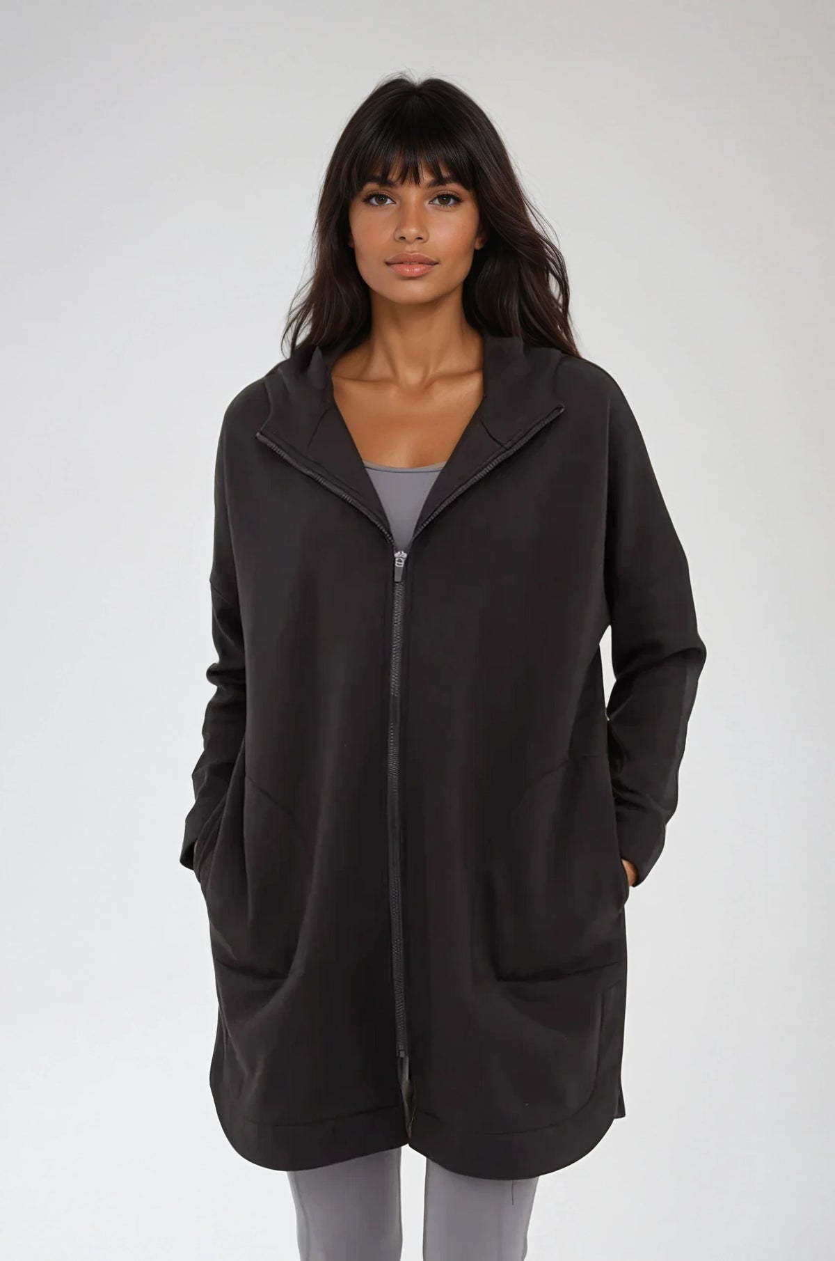 Black Cozy Comfort zip-up hoodie jacket by Fitkitty Culture, women's casual clothing with a comfortable fit.