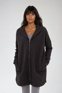 Black Cozy Comfort zip-up hoodie jacket by Fitkitty Culture, women's casual clothing with a comfortable fit.