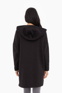 Black Cozy Comfort zip-up hoodie jacket from Fitkitty Culture, women's athleisure wear with a comfortable fit and casual style.