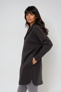 Black Cozy Comfort zip-up hoodie jacket by Fitkitty Culture Athleisure Wear, perfect for women's casual and yoga clothing.