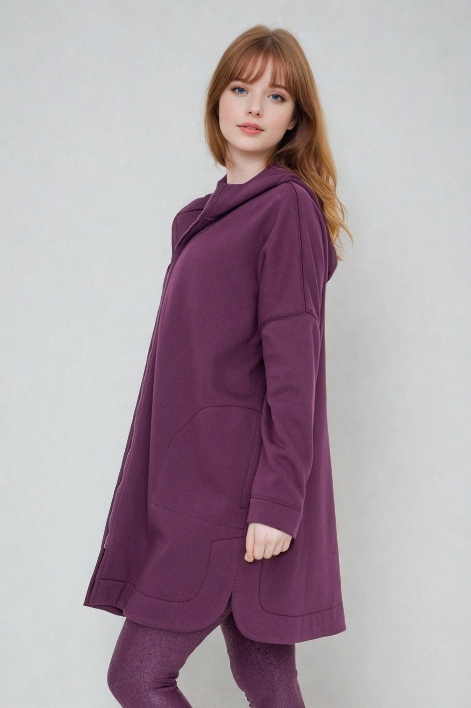 Burgundy Cozy Comfort zip-up hoodie jacket for women by Fitkitty Culture, featuring a soft, casual clothing style.