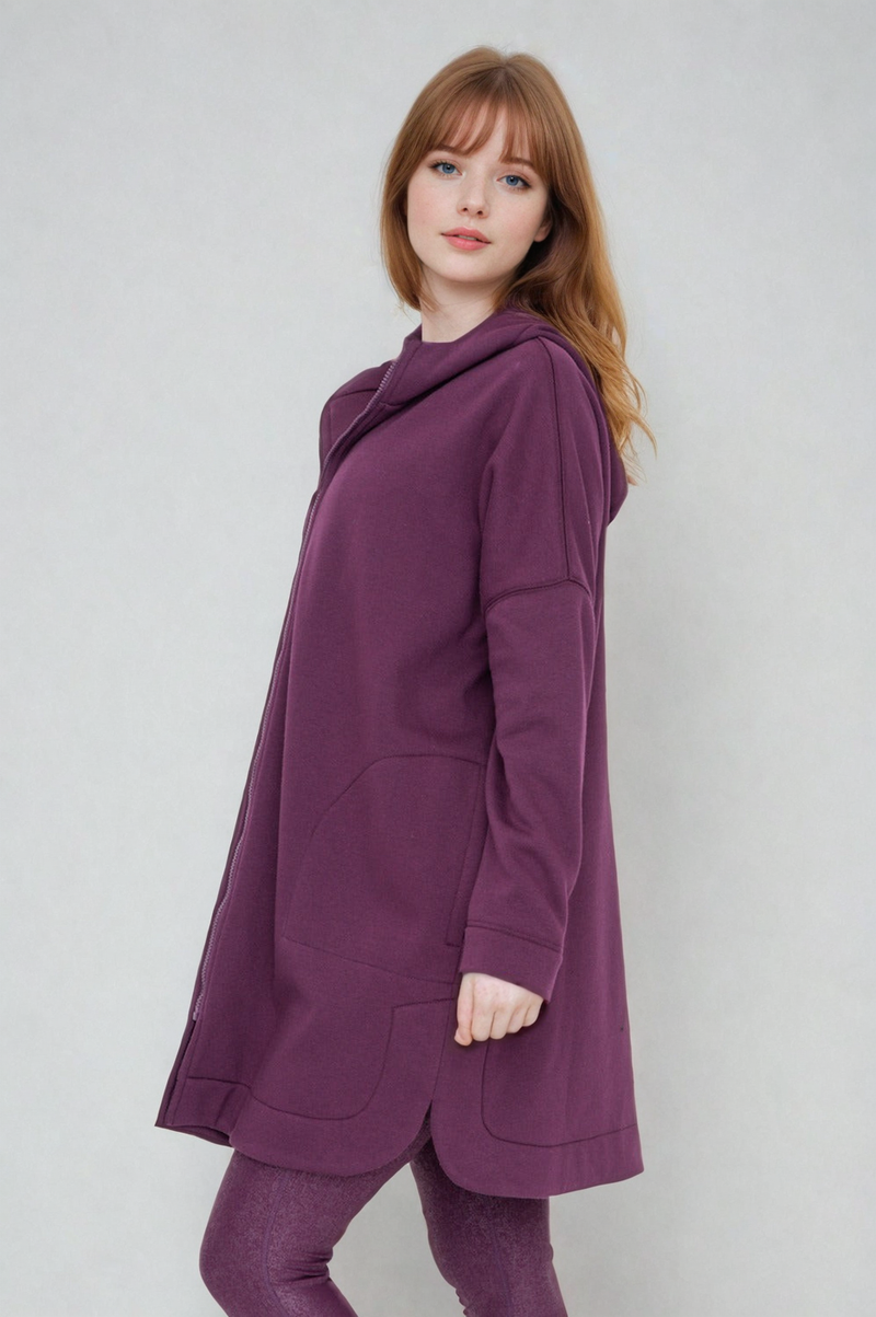 Burgundy Cozy Comfort zip-up hoodie jacket for women by Fitkitty Culture, featuring a soft, casual clothing style.