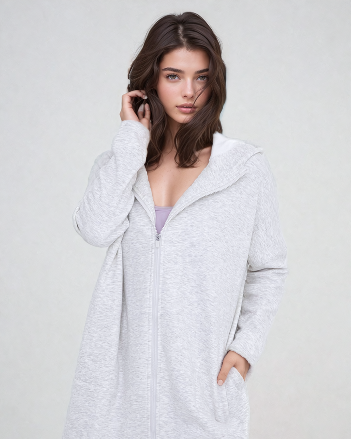 Gray Cozy Comfort zip-up hoodie jacket for women by Fitkitty Culture, casual athleisure clothing with a relaxed fit.