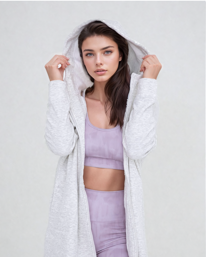 Gray Cozy Comfort zip-up hoodie jacket from Fitkitty Culture, casual women's clothing with a comfortable, relaxed fit.