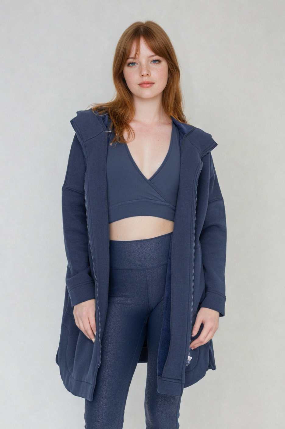 Fitkitty Culture Cozy Comfort zip-up hoodie jacket in teal navy, women's athleisure wear with a comfortable fit.