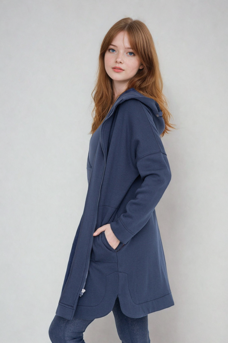 Fitkitty Culture Cozy Comfort zip-up hoodie jacket in teal and navy, showcasing a soft, casual women’s clothing piece.