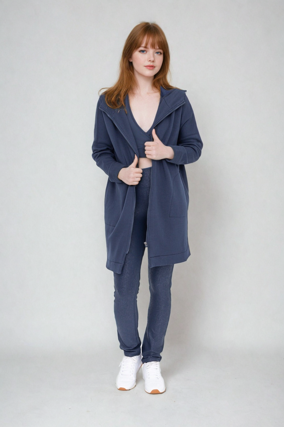 Teal and navy Cozy Comfort zip-up hoodie jacket by Fitkitty Culture, casual women's clothing with a comfortable fit.