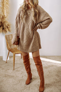 Cable knit sweater dress in beige from Fitkitty Culture, featuring long sleeves and a cozy, stylish design for casual wear.