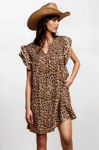 Desert Muse Leopard Ruffle Dress by Fitkitty Culture, stylish women's clothing with leopard print and ruffled details.