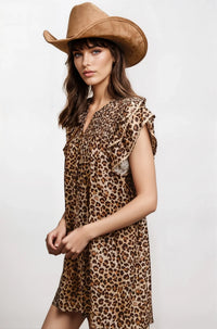 Desert Muse Leopard Ruffle Dress by Fitkitty Culture, stylish women's clothing with leopard print, ruffle details, and a flowy silhouette.