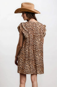 Desert Muse Leopard Ruffle Dress from Fitkitty Culture, stylish women's clothing with leopard print and ruffle details.