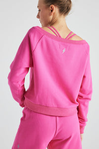 Pink off-shoulder sweatshirt from Fitkitty Culture women's athleisure wear, casual clothing with a relaxed fit.