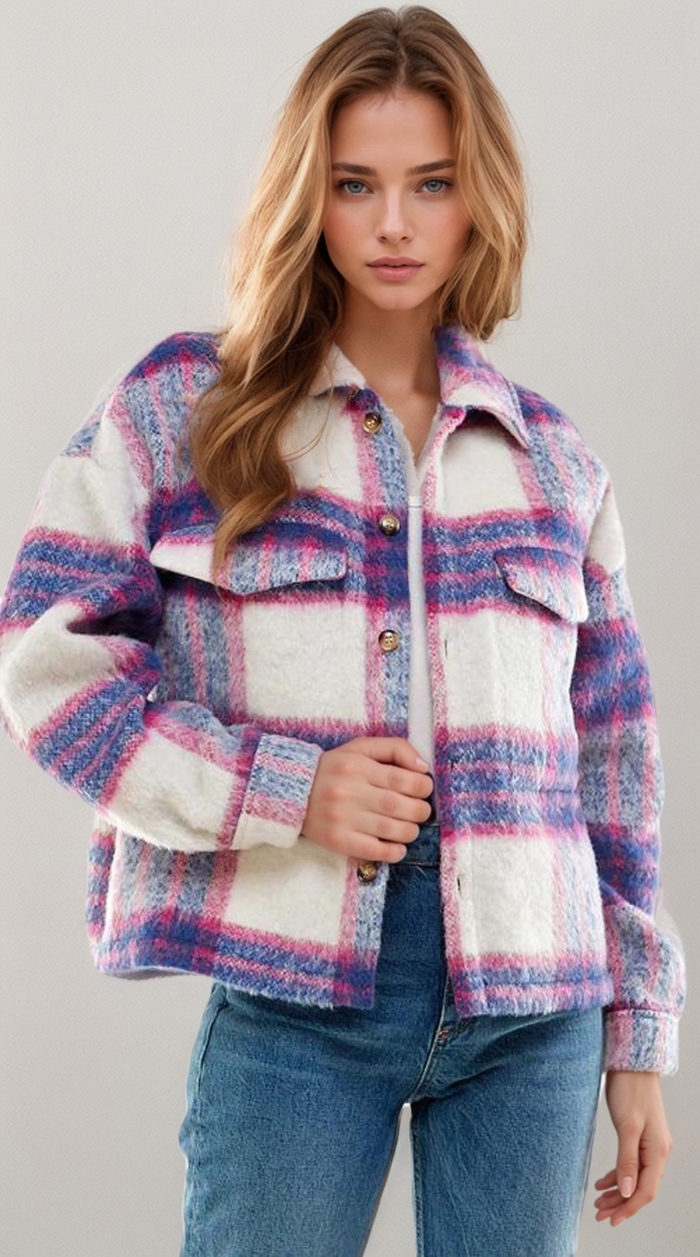 Denim blue and pink brushed plaid shacket from Fitkitty Culture Athleisure Wear, casual women's clothing with a cozy, stylish look.