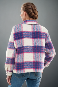 Fitkitty Culture denim blue and pink brushed plaid shacket, cozy women's clothing with a relaxed fit and stylish design.