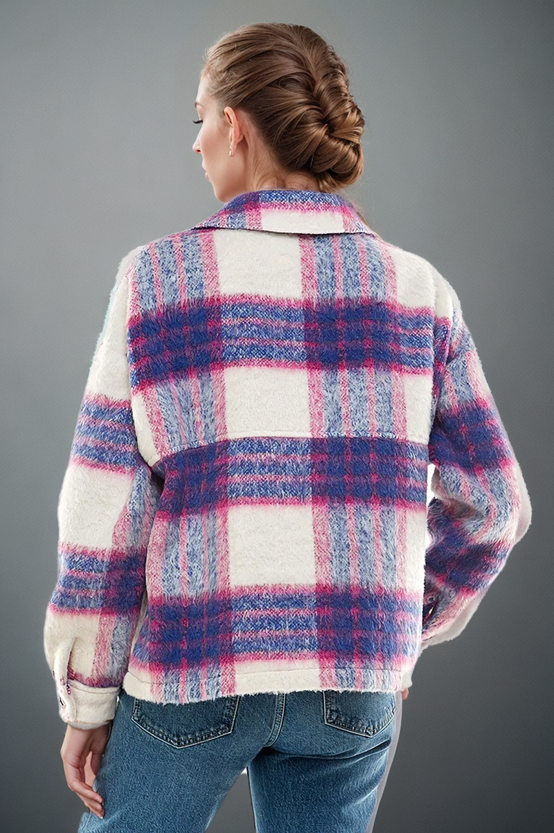 Fitkitty Culture denim blue and pink brushed plaid shacket, cozy women's clothing with a relaxed fit and stylish design.