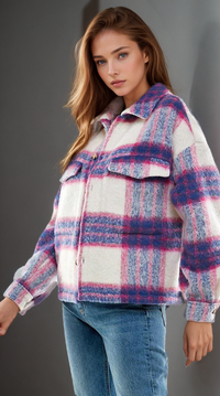 Fitkitty Culture denim blue and pink brushed plaid shacket, stylish women's clothing perfect for casual wear and layering.