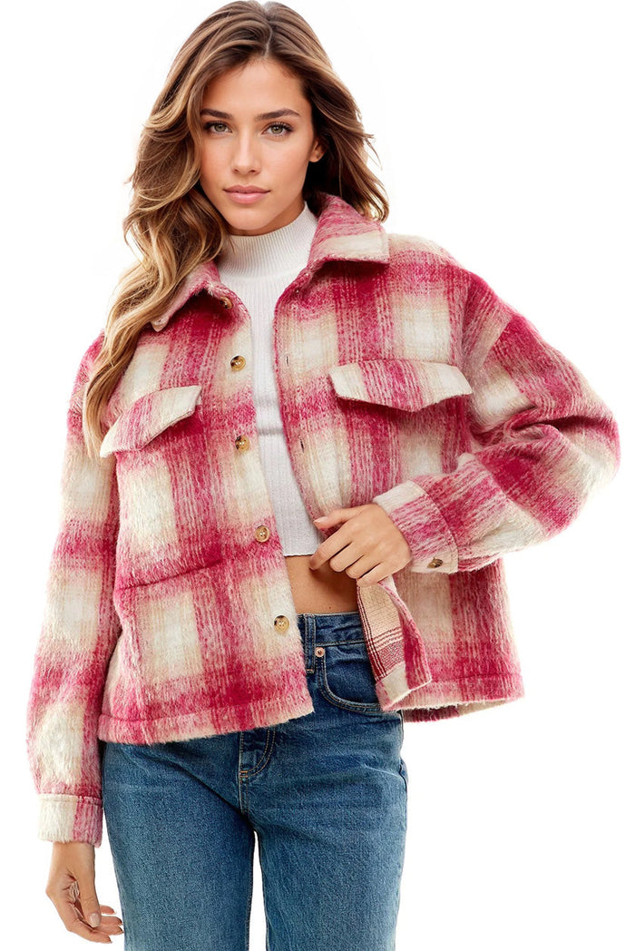 Vibrant Aura Pink Plaid Pocket Shacket from Fitkitty Culture women's clothing, casual plaid shacket with front pocket detail.