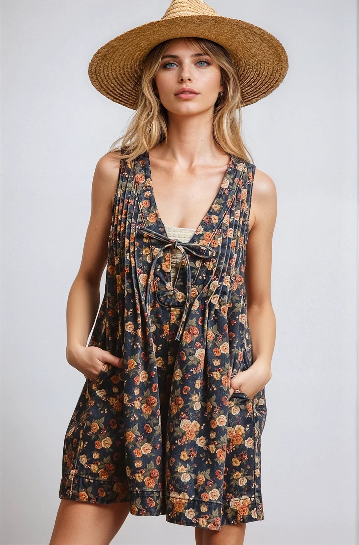 Vintage Bloom denim romper from Fitkitty Culture featuring a classic sleeveless design and floral print for casual wear.