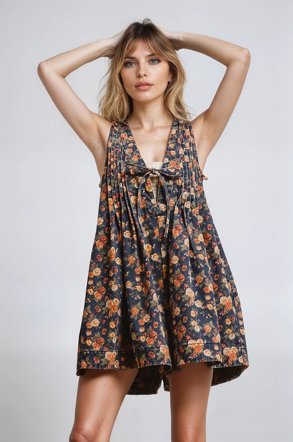 Vintage Bloom Denim Romper by Fitkitty Culture, a stylish women's clothing piece featuring a trendy denim design and vintage-inspired floral pattern.