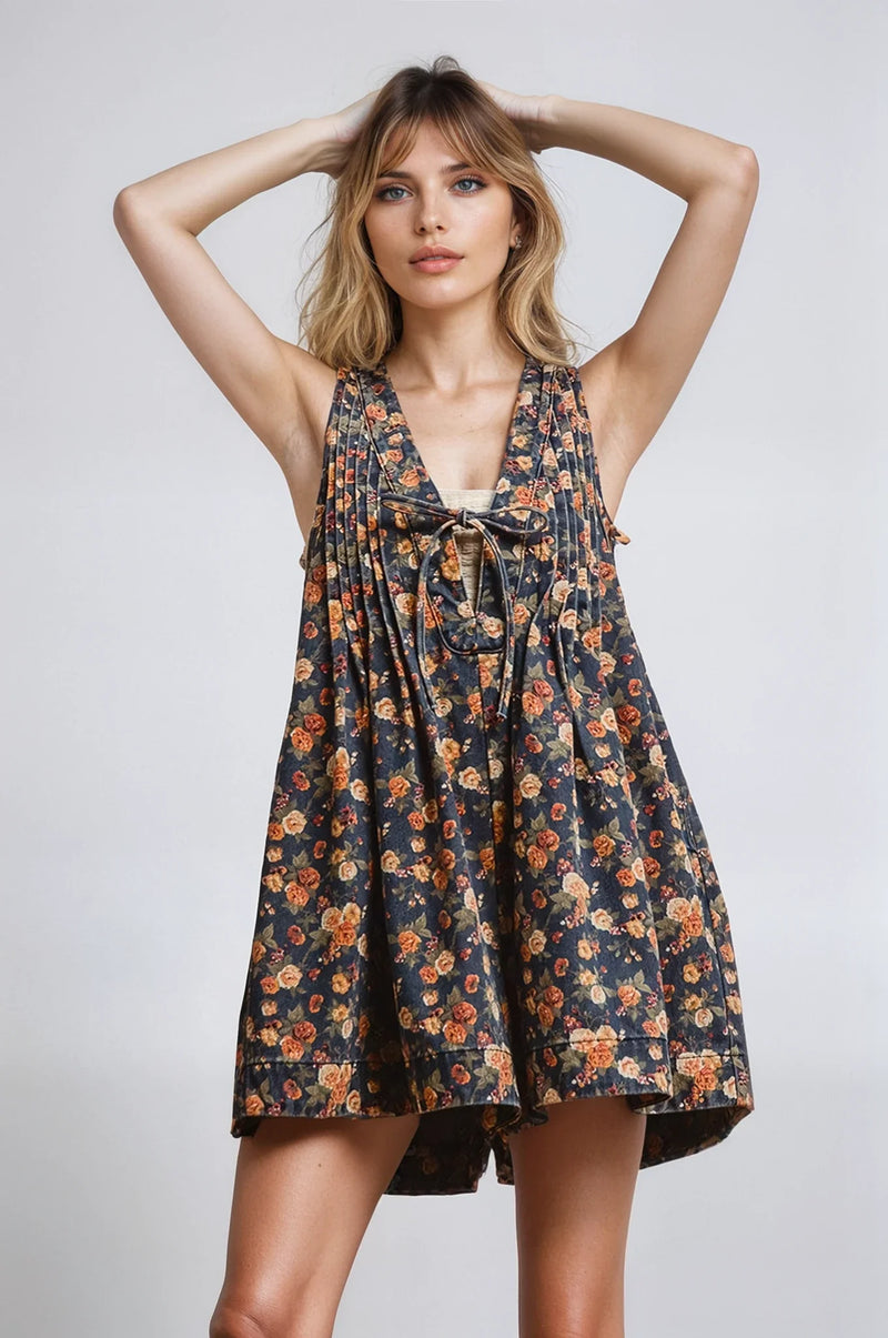 Vintage Bloom Denim Romper by Fitkitty Culture, a stylish women's clothing piece featuring a trendy denim design and vintage-inspired floral pattern.