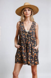 Vintage Bloom denim romper by Fitkitty Culture, featuring a classic sleeveless design and floral embroidery, casual women's clothing.