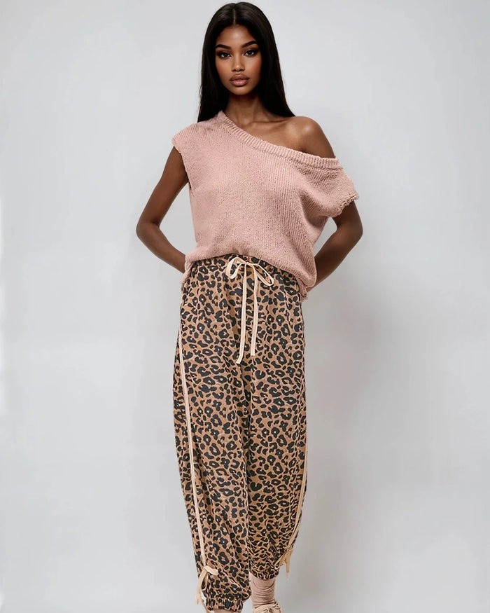 Wild Prowess Leopard Luxe Waffle Knit joggers by Fitkitty Culture, showing beige and black leopard print, comfortable women’s clothing