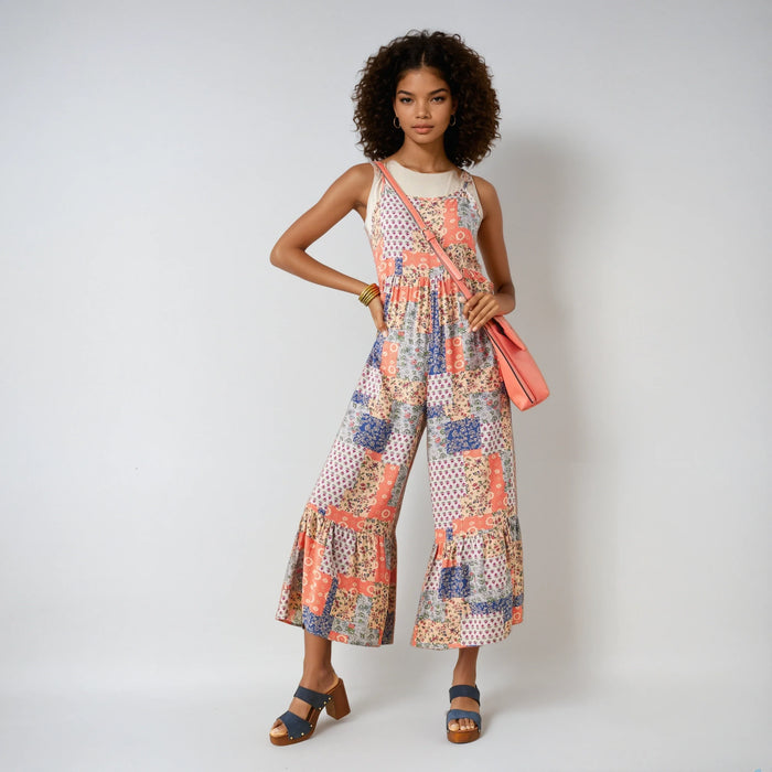 Serenity patchwork jumpsuit by Fitkitty Culture with floral print, side pockets, perfect for casual or yoga wear.