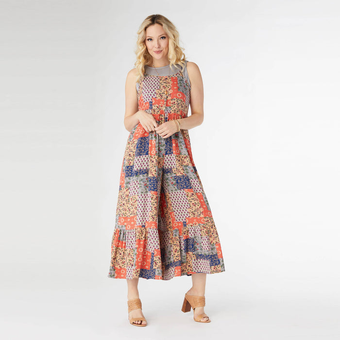 Serenity patchwork jumpsuit with floral print and side pockets, women’s athleisure wear by Fitkitty Culture.