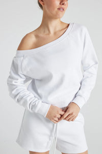 White off-shoulder sweatshirt from Fitkitty Culture Athleisure Wear, casual women's clothing, comfortable and stylish for everyday wear.