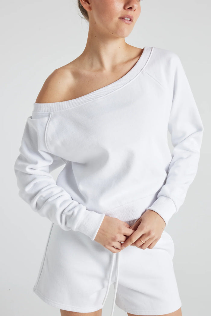 White off-shoulder sweatshirt from Fitkitty Culture Athleisure Wear, casual women's clothing, comfortable and stylish for everyday wear.