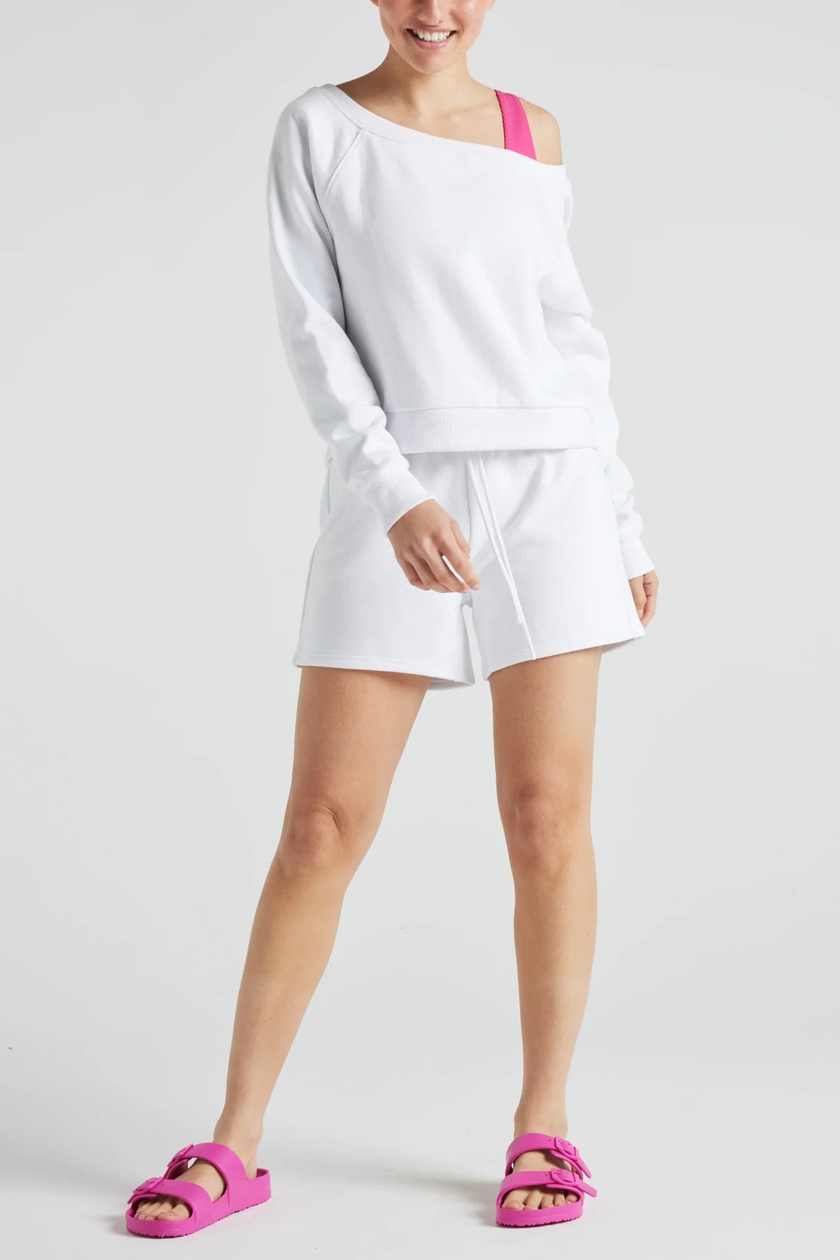 White off-shoulder sweatshirt by Fitkitty Culture, women's casual and yoga wear, comfortable and stylish athleisure clothing.