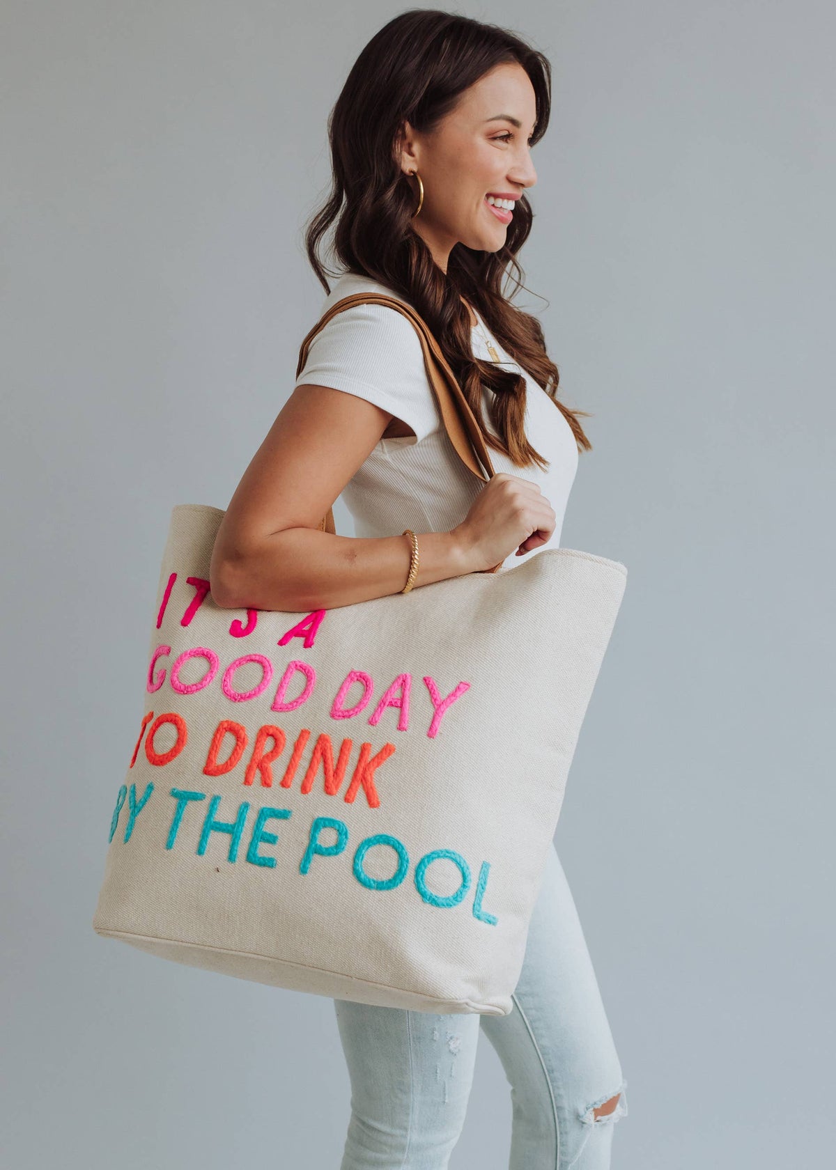 Fitkitty Culture Poolside Bliss Tote bag with colorful design, perfect for beach or poolside accessories.
